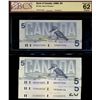 Image 1 : 1986 $5 BC-56c #GPW0075386 BCS UNC62, BC-56c-i #ANH0475256, BC-56cA #FNX8288144 (writing) & 1991 $20
