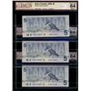Image 1 : 1986 $5 BC-56c #GPW2178453/452 & 454.  Lot of 3 notes BCS graded CH UNC64 original.