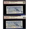 Image 1 : 1986 $5 BC-56a-i, #EPC2344859 UNC60 & BC-56b #EPC3079052 CH UNC63.  Lot of 2 Changeover BCS graded n