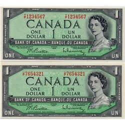 Ladder issue; 1954 $1 BC-37b #TP1234567, PMG Gem UNC65EPQ and 1954 $1 BC-37b Ladder #UP7654321, PMG 