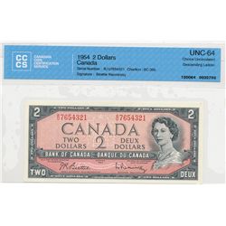 Ladder issue; 1954 $2 BC-38b  #RU7654321, CCCS CH UNC64.