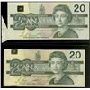 Image 1 : Error issue; 1991 $20 BC-58b.  Lot of 2 notes, one with small butterfly cut bottom left hand corner 