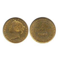 Nfld 1880 $2 Gold PCGS AU55.  Bright yellow key issue.