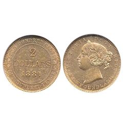 Nfld 1881 $2 Gold NGC AU58.