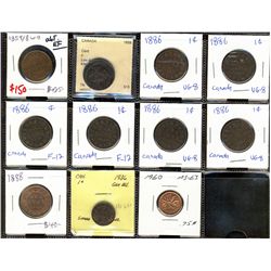 1859 1¢ W9, 1859 Nar, 1886(6), 1888, 1936 & 1960.  Lot of 11 pcs VG to UNC.