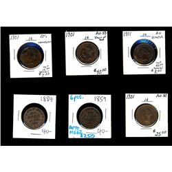 1859 1¢, 1884 & 1901(4).  Lot of 6 pcs AU to MS62.