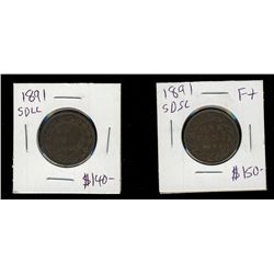1891 1¢ SDSL & SDLL.  Lot of 2 coins VG to Fine.