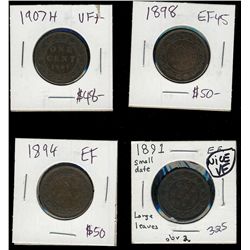 1891 1¢, SDLL, 1894, 1898 & 1907H.  Lot of 4 coins VF to EF.