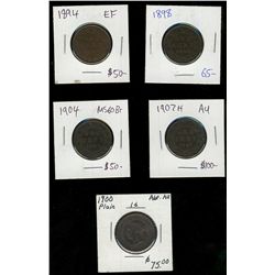 1894 1¢, 1898, 1900, 1904 & 1907H.  Lot of 5 coins EF and better.