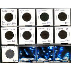 1907H 1¢ Fine or better.  Lot of 9 pcs.