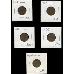1922(2) 1¢, 1924 & 1925(2).  Lot of 5 key date coins.