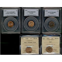 1935 1¢, 1936, 1937, 1939 & 1947 ML all MS64.  Nice lot all certified PCGS and ICCS Red with excepti