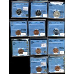 1942 1¢, 1957, 1959, 1961, 1965, 1966, 1967, 1964 5¢, 1963, 1968 & 1964 25¢.  Lot of 11 pcs all CCCS