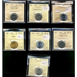 1937 5¢, 1942 T, 1944, 1947ML(2), 1951 Comm & 1952 all ICCS MS64.  Lot of 7 coins.