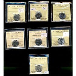 1937 5¢, 1947ML, 1944, 1951 Comm MS64, 1938 AU50, 1946 AU55 & 1944 MS65.  Lot of 7 ICCS graded coins