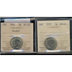 1937 5¢ MS63 & 1942 Nickel MS64.  Lot of 2 ICCS graded coins.