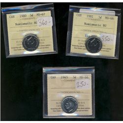 1945 5¢ MS66, 1981 MS66 NBU & 1980 MS67 NBU.  Lot of 3 coins all ICCS graded.