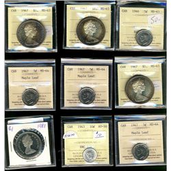 1946 5¢, 1967 $1(3) MS63, 1947ML(3) 5¢ MS64, 1943 10¢ AU50 & 1981 Proof Nickel Dollar.  Lot of 9 coi