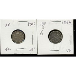 1858 10¢ & 1901 10¢.  Lot of 2 coins F+ to VF.