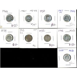 1913 10¢, 1935, 1939, 1940, 1944, 1946, 1947ML, 1950 & 1961.  Lot of 9 pcs all F15 to MS63.