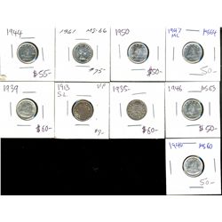 1913 10¢, 1935, 1939, 1940, 1944, 1946, 1947ML, 1950 & 1961.  Lot of 9 pcs all F15 to MS63.