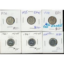 1914 10¢, 1935, 1936, 1947 & 1961(2).  Lot of 6 pcs VF30 to PL65.