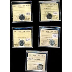 1955 10¢, 1956 PL66, 1992, 2001P &? 2007 St7 MS66.  Lot of 5 ICCS graded coins.