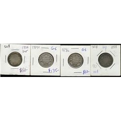 1858 20¢, 1886, 1890H & 1936 Bar.  Lot of 4 coins Good to G+.