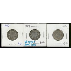 1904 25¢, 1915 & 1927.  Lot of 3 key dates VG to VG+.