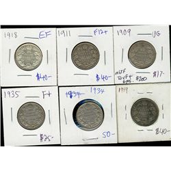 1909 25¢, 1911, 1918, 1919 & 1934.  Lot of 6 pcs Abt F to V+.