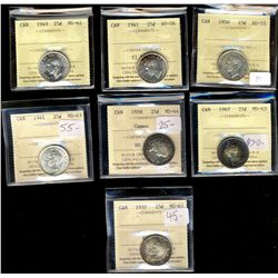 1937 25¢, 1941, 1967 MS63, 1949 MS62, 1958 MS64 Cam, 1941 AU58 & 1950 AU50.  Lot of 7 ICCS graded co