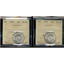 1937 25¢ MS64 & 1938 MS60.  Lot of 2 ICCS graded coins.