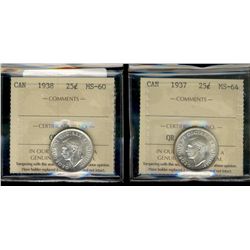 1937 25¢ MS64 & 1938 MS60.  Lot of 2 ICCS graded coins.