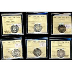 1942 25¢, 1958, 1959, 1960, 1965 & 1967 ICCS MS64.  Lot of 6 coins with 1959 Cameo and 1960 Hvy Cam 