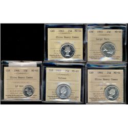 1953 LD 25¢, 1963, 1964 MS64 & 1968 25¢ MS65, 1964 10¢ MS65.  Lot of 5 coins all ICCS graded.  1963,