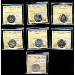 1955 25¢, 1957, 1958, 1959, 1960, 1961 & 1965 ICCS PL65.  Lot of 7 coins.