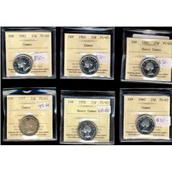 1957 25¢, 1958, 1960, 1961, 1962 & 1964 ICCS PL65.  Lot of 6 coins some with Cameo to Heavy Cameo de