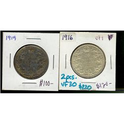 1916 50¢ & 1919.  Lot of 2 coins both VF30.