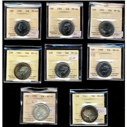 1950 50¢ No Des EF40, 1967(2) MS63, 1968 MS64, 1989(2) MS65 & 1991(2) MS66.  Lot of 8 coins all ICCS