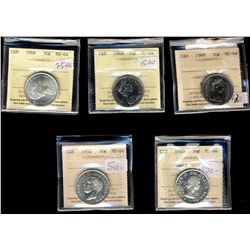 1952 50¢, 1953 SD, 1966, 1968 & 1989 ICCS MS64.  Lot of 5 coins.