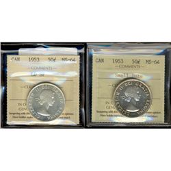 1953 50¢ Sml Dt & LD SF ICCS MS64.  Lot of 2 coins.