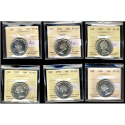 1957 50¢, 1958, 1960, 1961, 1962 & 1965 ICCS PL65.  Lot of 6 coins some with Cameo designations.