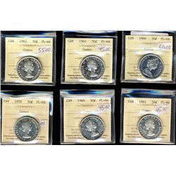 1959 50¢, 1960, 1961, 1962, 1964 & 1966 ICCS PL66.  Lot of 6 coins some with Cameo designations.