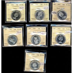 1959 50¢, 1960, 1961, 1962, 1964, 1966 & 1967 ICCS PL66.  Lot of 7 coins some with Cameo to Heavy Ca
