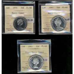 1961 50¢ PL66 Ultra Heavy Cameo, 1965 & 1974 PL66 Heavy Cam.  Lot of 3 ICCS coins.