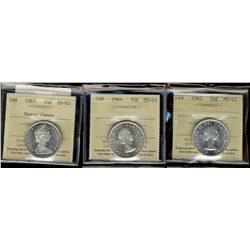 1962 50¢, 1964 & 1965 HC ICCS MS65.  Lot of 3 coins.