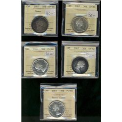 1962 50¢, 1964 PL66 & 1967(3) SP66.  Lot of 5 coins ICCS graded.