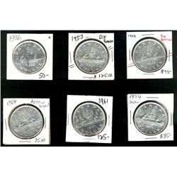 1936 $1, 1953 SF, 1953 NSF, 1954 SWL, 1961 & 1962.  Lot of 6 coins all cleaned some with varieties, 