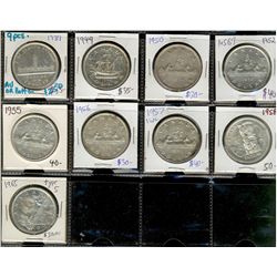 1939 $1, 1949, 1950, 1952, 1955, 1956, 1957 1WL, 1958 & 1965 T5.  Lot of 9 coins AU and better.