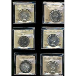 1950 $1, 1955, 1968 MS63, 1957, 1962 MS60 & 1958 PL64.  Lot of 6 coins all ICCS graded.